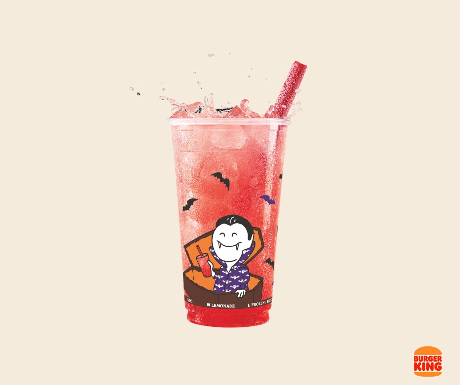 The Burger King Vampire's Bite Strawberry and Sprite cup with a red candy straw