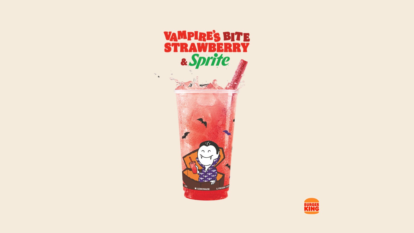 Burger King Vampire's Bite Strawberry and Sprite in a clear cup with a red edible straw and a vampire character illustration