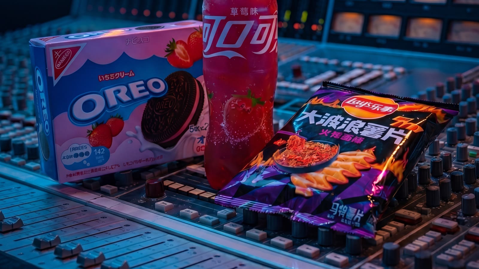 Imported strawberry OREO cookies, strawberry Coca-Cola and spicy Lay's chips from Asia on a mixing console