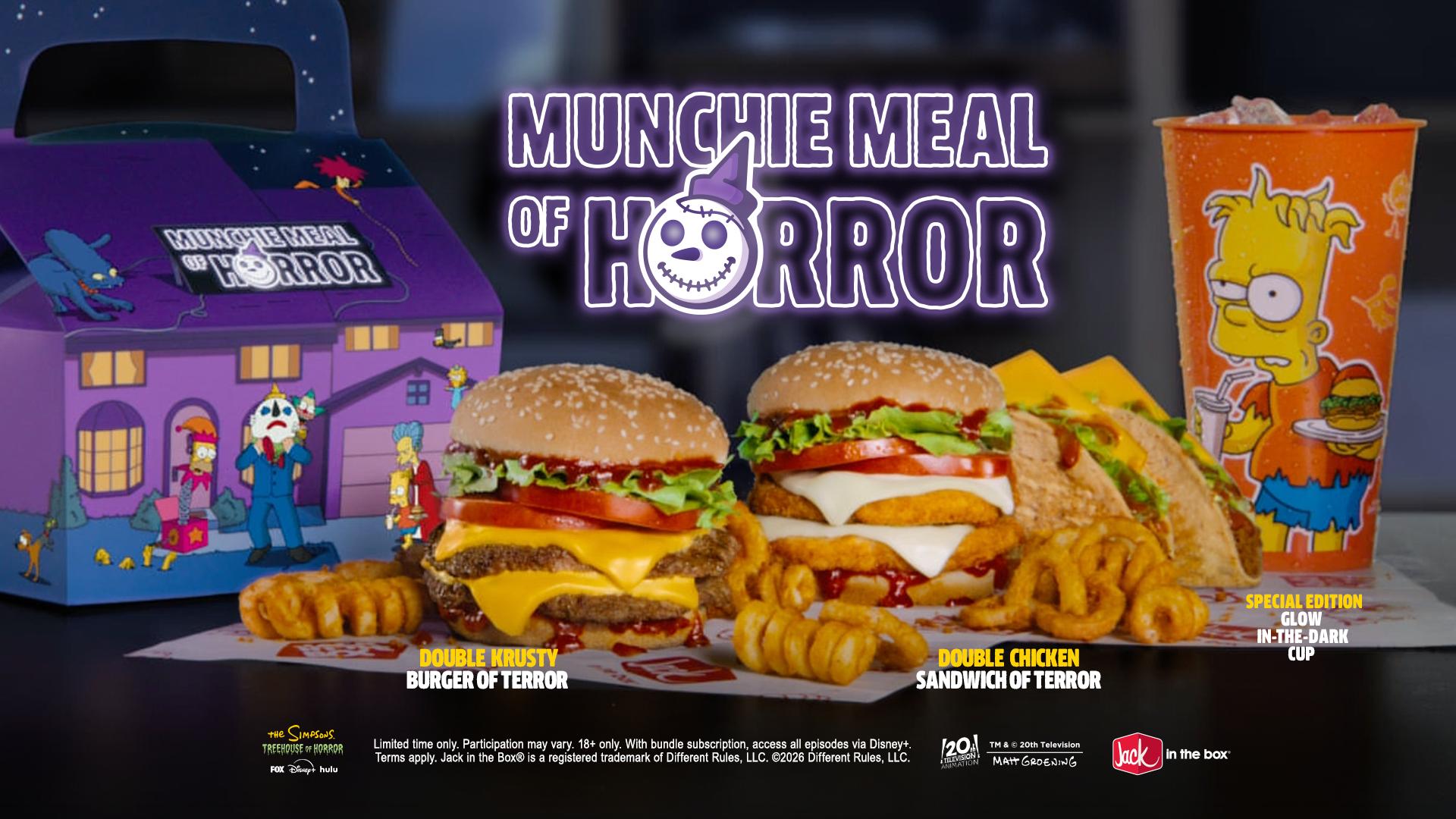 Jack in the Box Munchie Meal of Horror with the Double Krusty Burger of Terror, Double Chicken Sandwich of Terror, tacos, curly fries and a glow-in-the-dark Simpsons cup