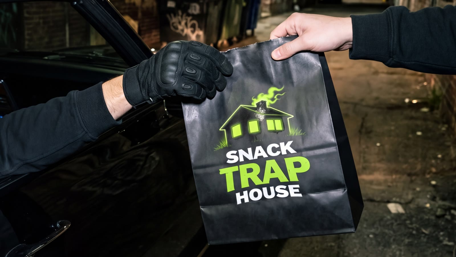 A Snack Trap House delivery bag handed through a car window in Phoenix